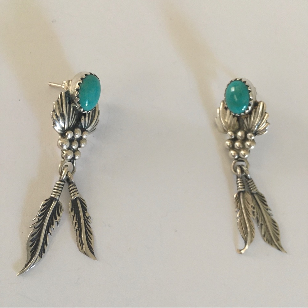 Turquoise and sterling silver feather drop tribal style earrings